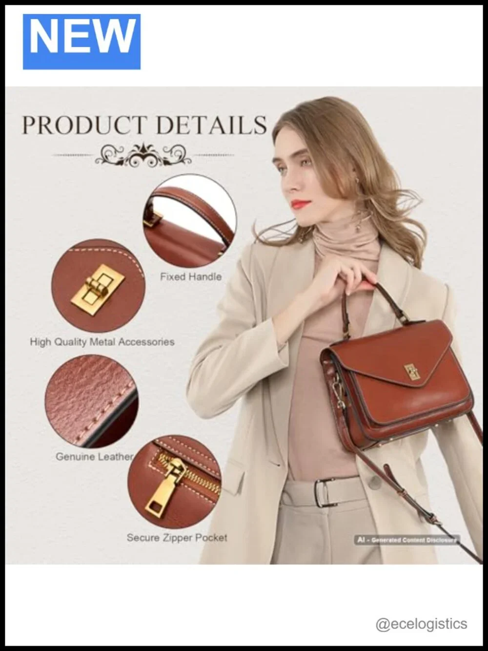 Genuine Leather Crossbody Bag for Women, Adjustable Straps, Microfiber Interior